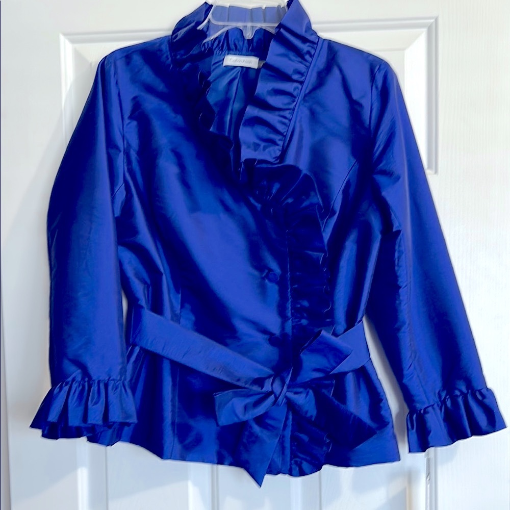 Stunning! NWT Calvin Klein Royal Blue Taffeta Blouse.  Size L.